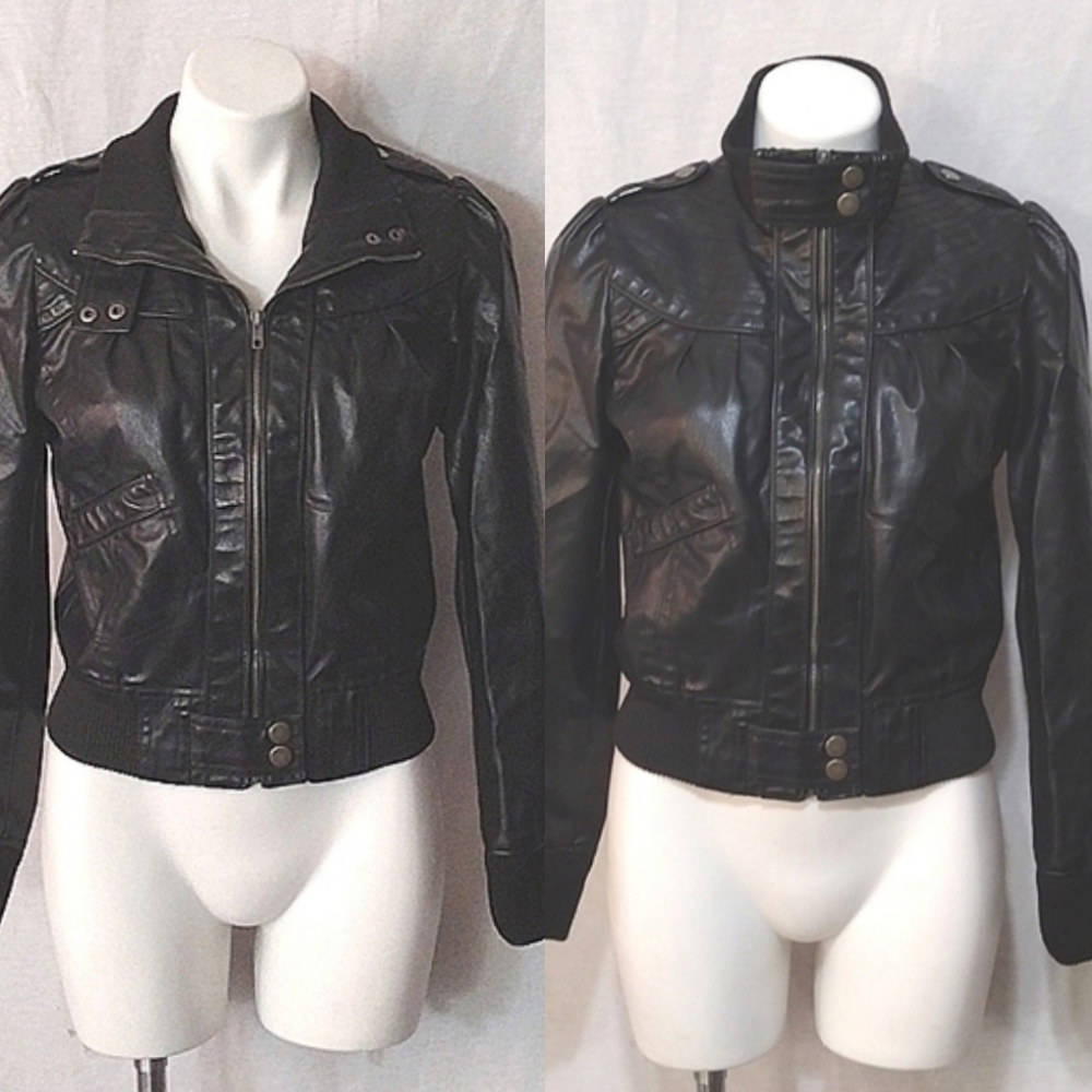 Max Rave Edgy Faux Leather Cropped Moto Bomber Jacket Black Zip Up Womens Medium